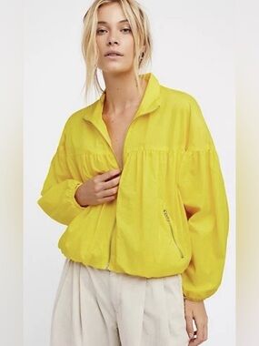 Free People Now Or Never Bomber Jacket In Yellow Cropped Zip-Up Size S
